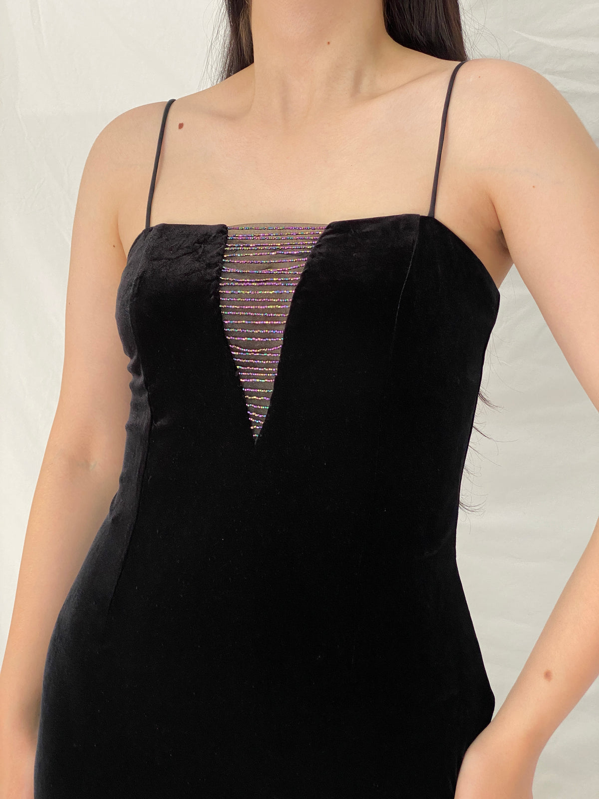 Vintage Betsey & Adam by Jaslene Black Velvet Beaded Illusion Evening Gown – S Vintage Betsey & Adam by Jaslene Black Velvet Beaded Illusion Evening Gown – S