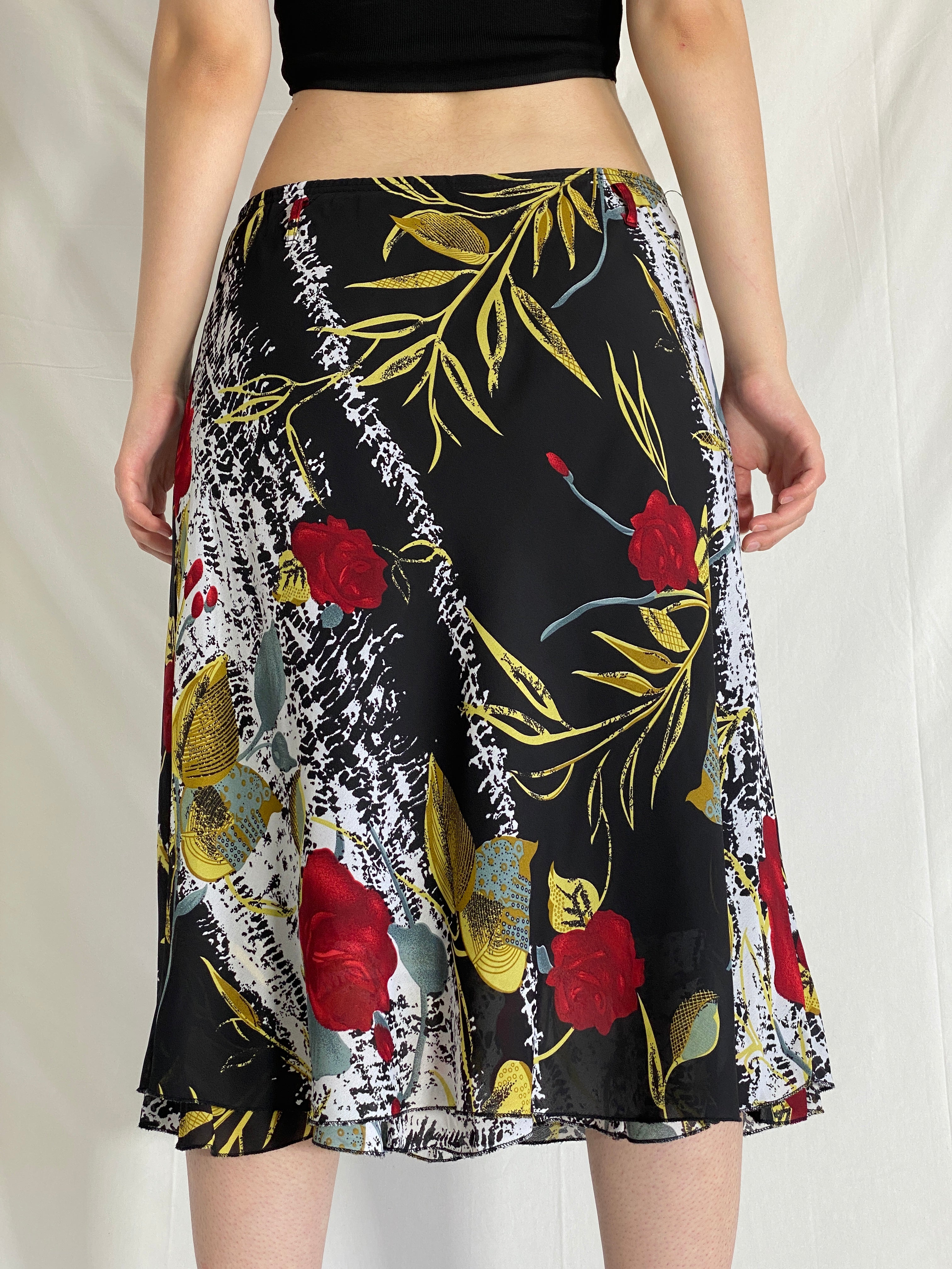 Vintage 90s Black Red Floral Print Midi Skirt - L