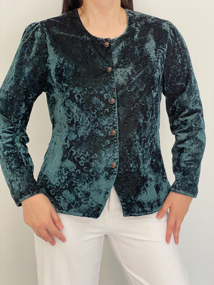 Vintage 90s Your Sixth Sense Teal Floral Crushed Velvet Button Blazer – L