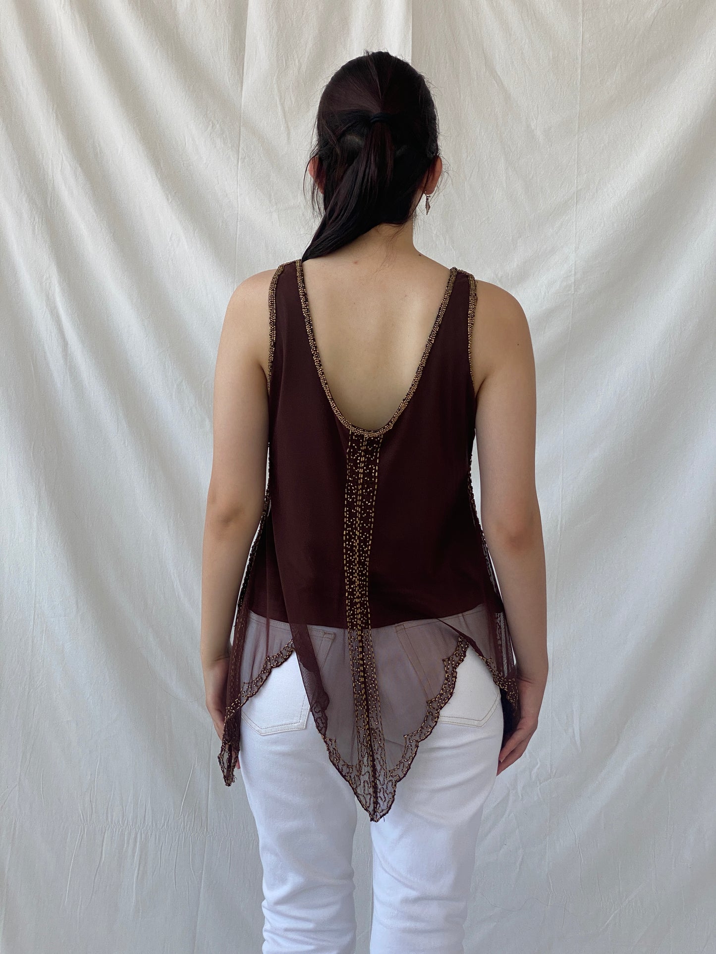 Vintage Wallis Brown Beaded Sequined Sleeveless Fairy Core Mesh Top - L