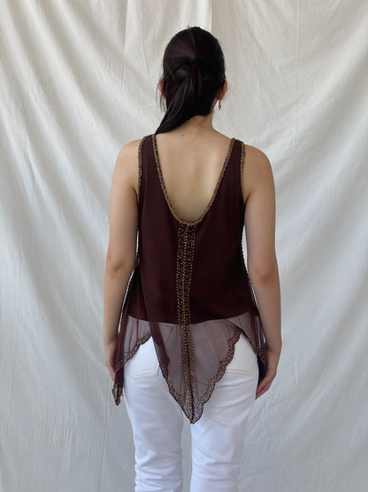 Vintage Wallis Brown Beaded Sequined Sleeveless Fairy Core Mesh Top - L