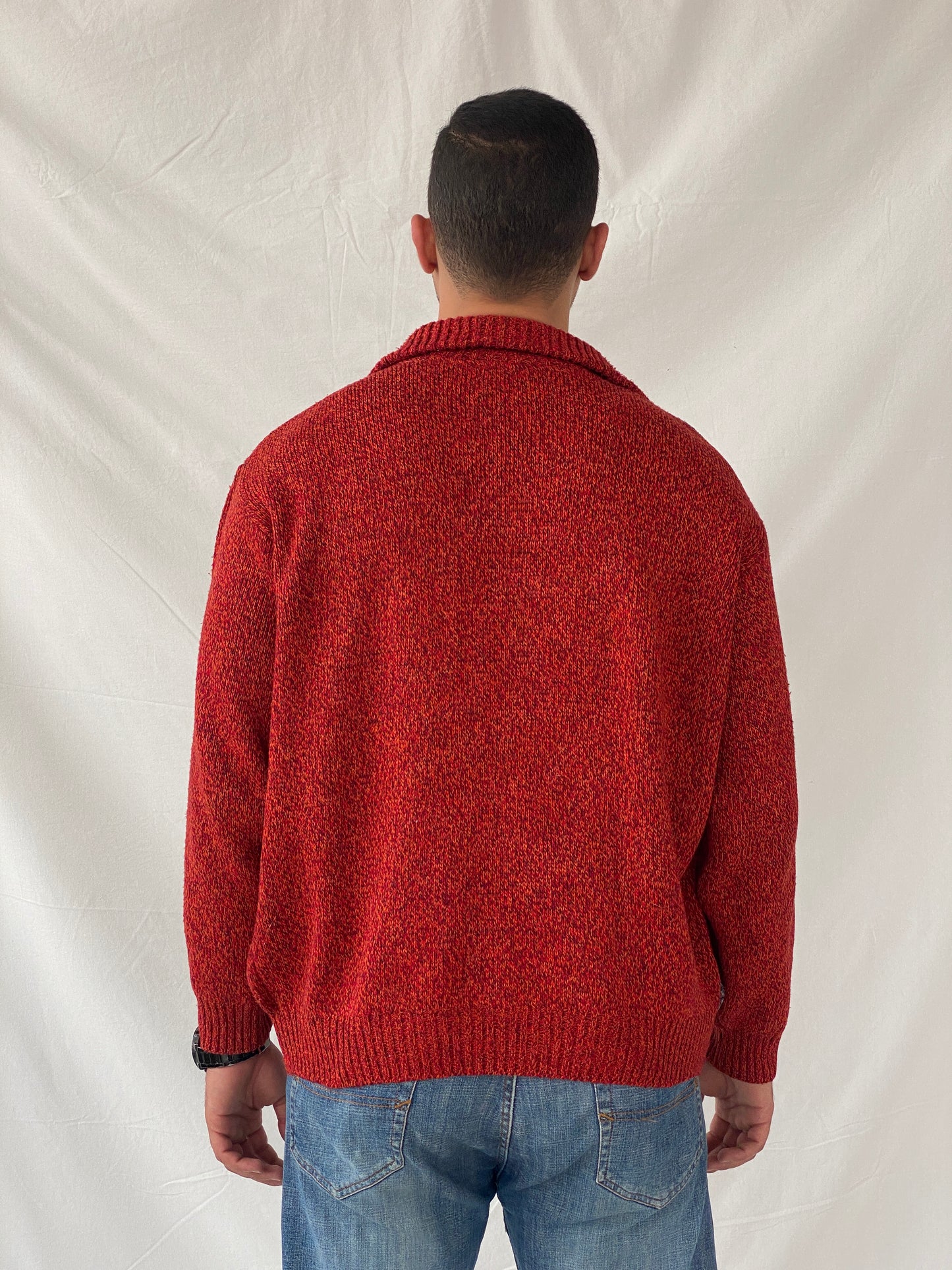 Vintage Türeli Exclusive Orange Knitted Zip-Up Collar Sweater - L