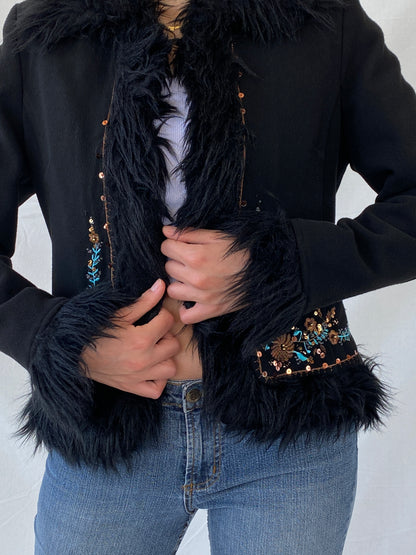 Vintage Favori Sequin Embroidered Faux Fur Afghan Black Jacket - M