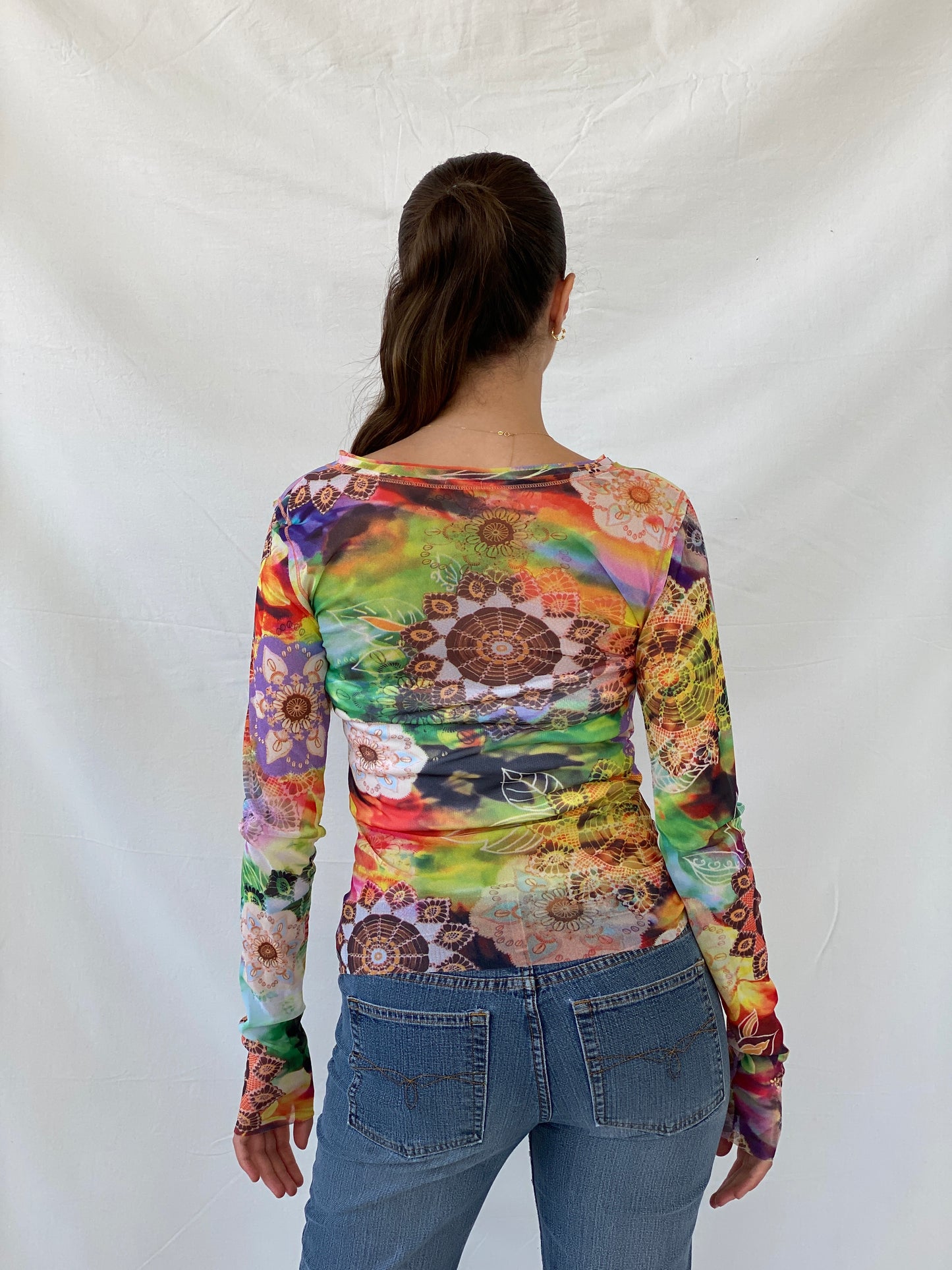 United Colors of Benetton Floral Graphic Mesh Full Sleeve Top - S