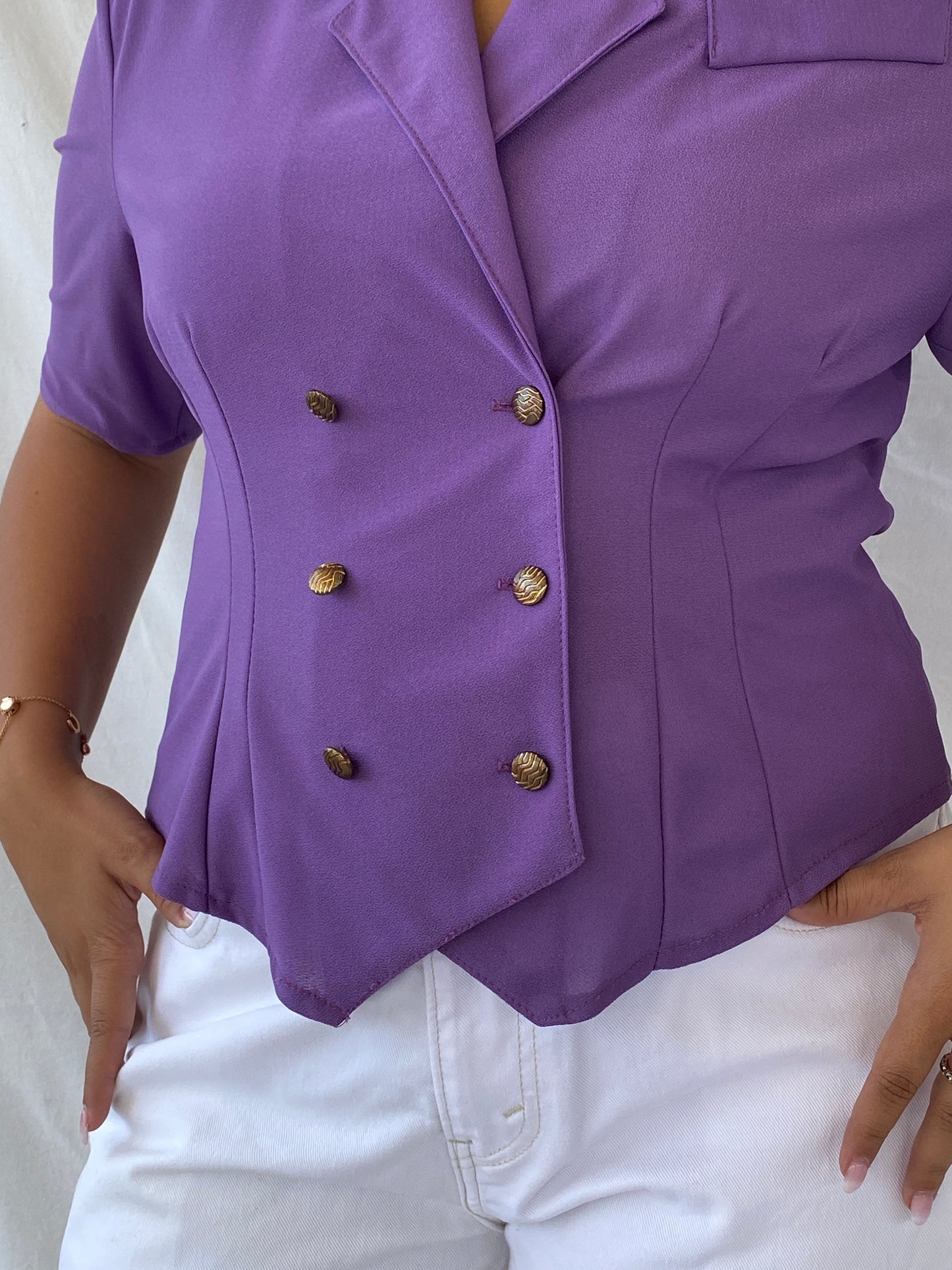 Vintage 90s Pleat Half-Sleeve Purple Buttoned Women’s Blazer - L