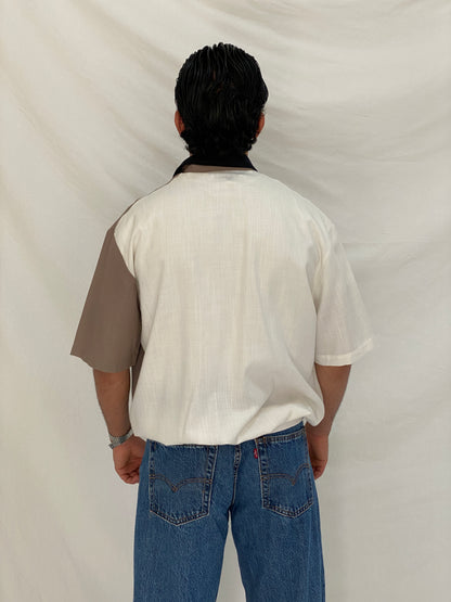 Vintage 90s Alan Stuart Color Block Bowling Shirt Beige Cream Retro Cuban Top - L