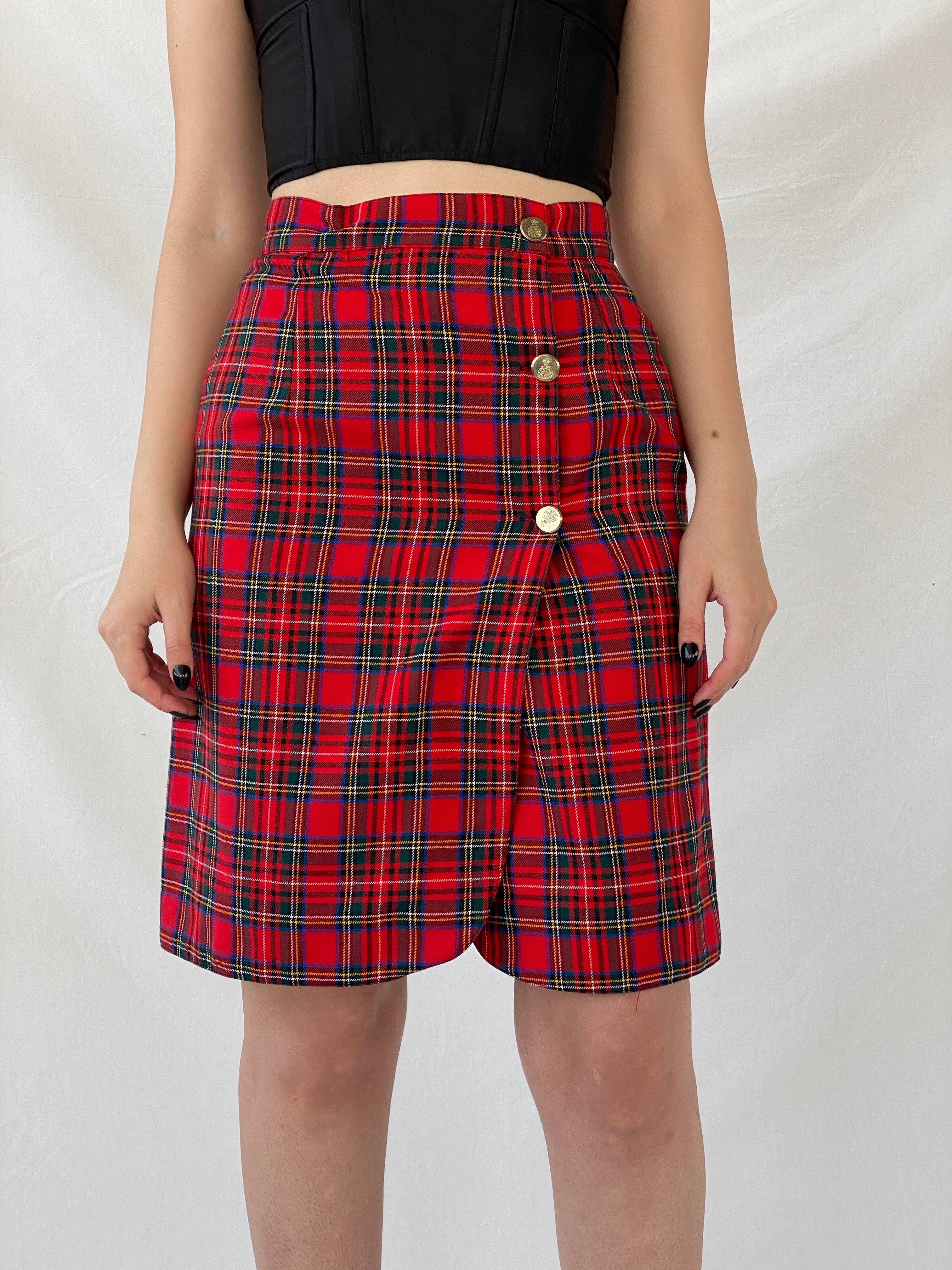 Vintage Scarlett Plaid Red Tartan Midi Button Front Skirt - M