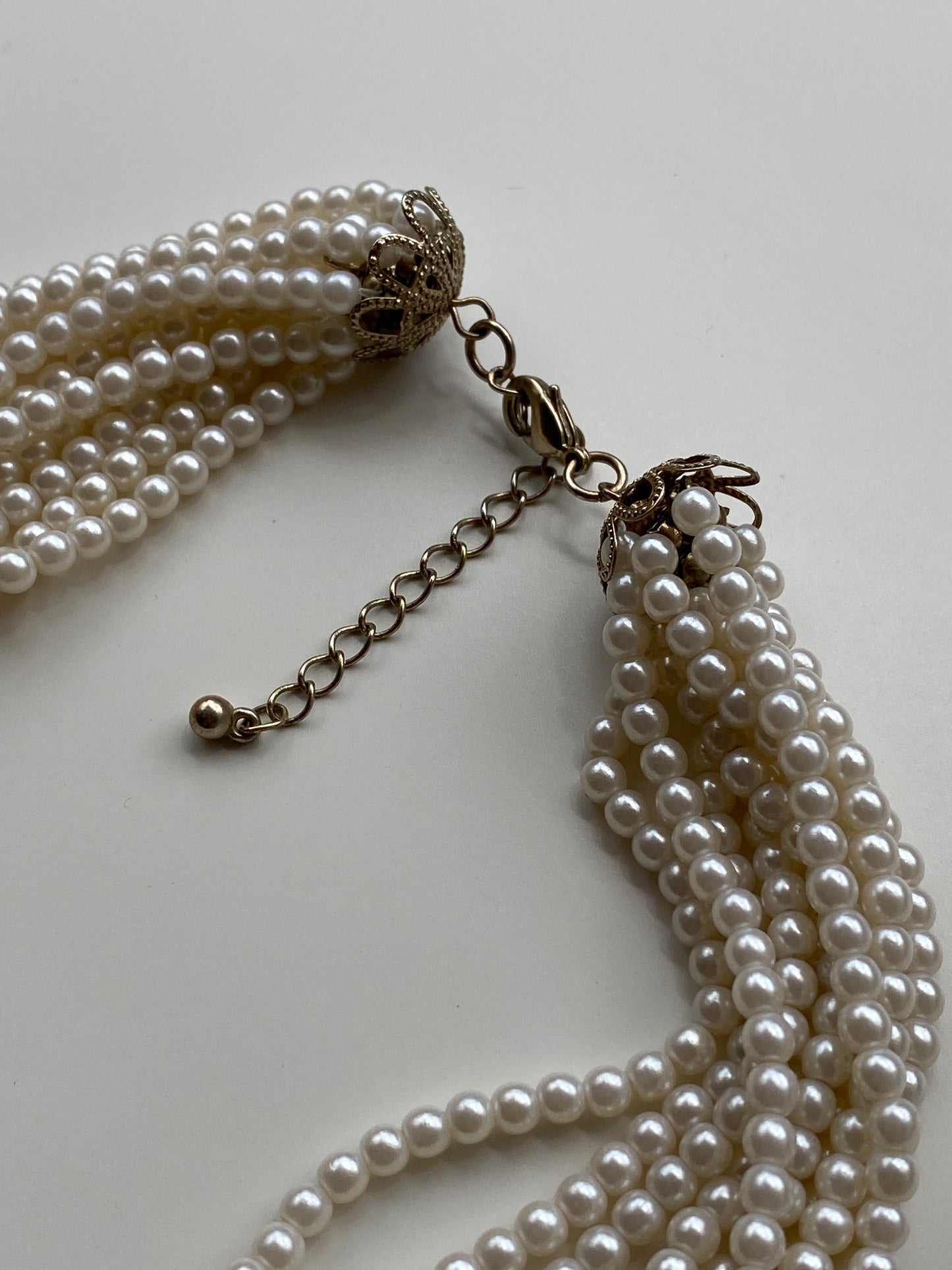 Vintage Cream Multi-Strand Twisted Faux Pearl Torsade Necklace with Filigree Gold End Caps