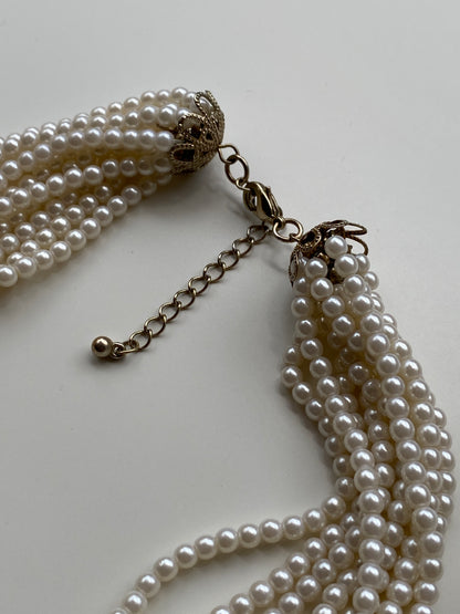 Vintage Cream Multi-Strand Twisted Faux Pearl Torsade Necklace with Filigree Gold End Caps