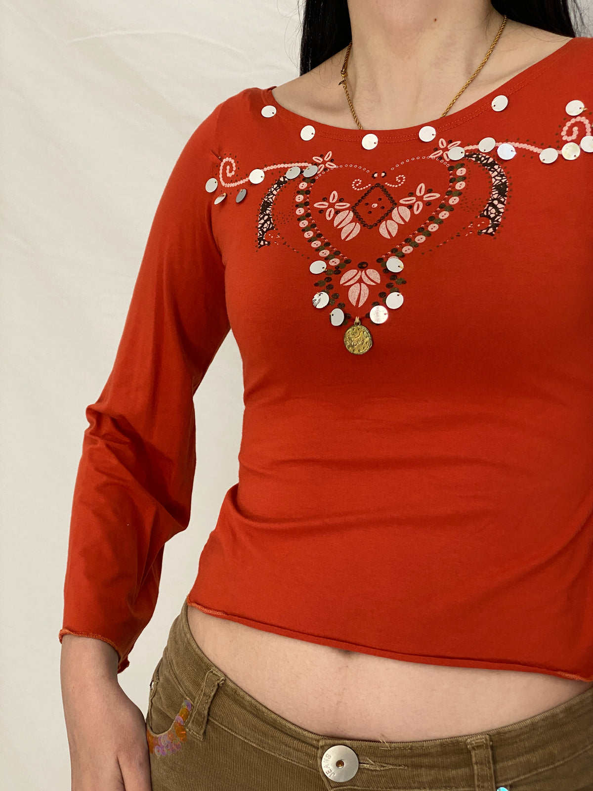 Y2K Exzotica Orange Embellished Graphic Top with Coin Details - S Y2K Exzotica Orange Embellished Graphic Top with Coin Details - S