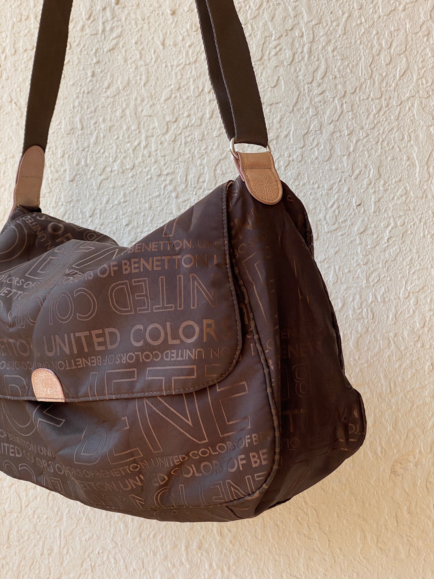 Y2K United Colors of Benetton Brown Logo Print Nylon Messenger Shoulder Bag