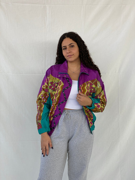 Vintage 80s/90s Lanvon by Cheerful Corp Green Tribal Print Windbreaker Track Jacket - S