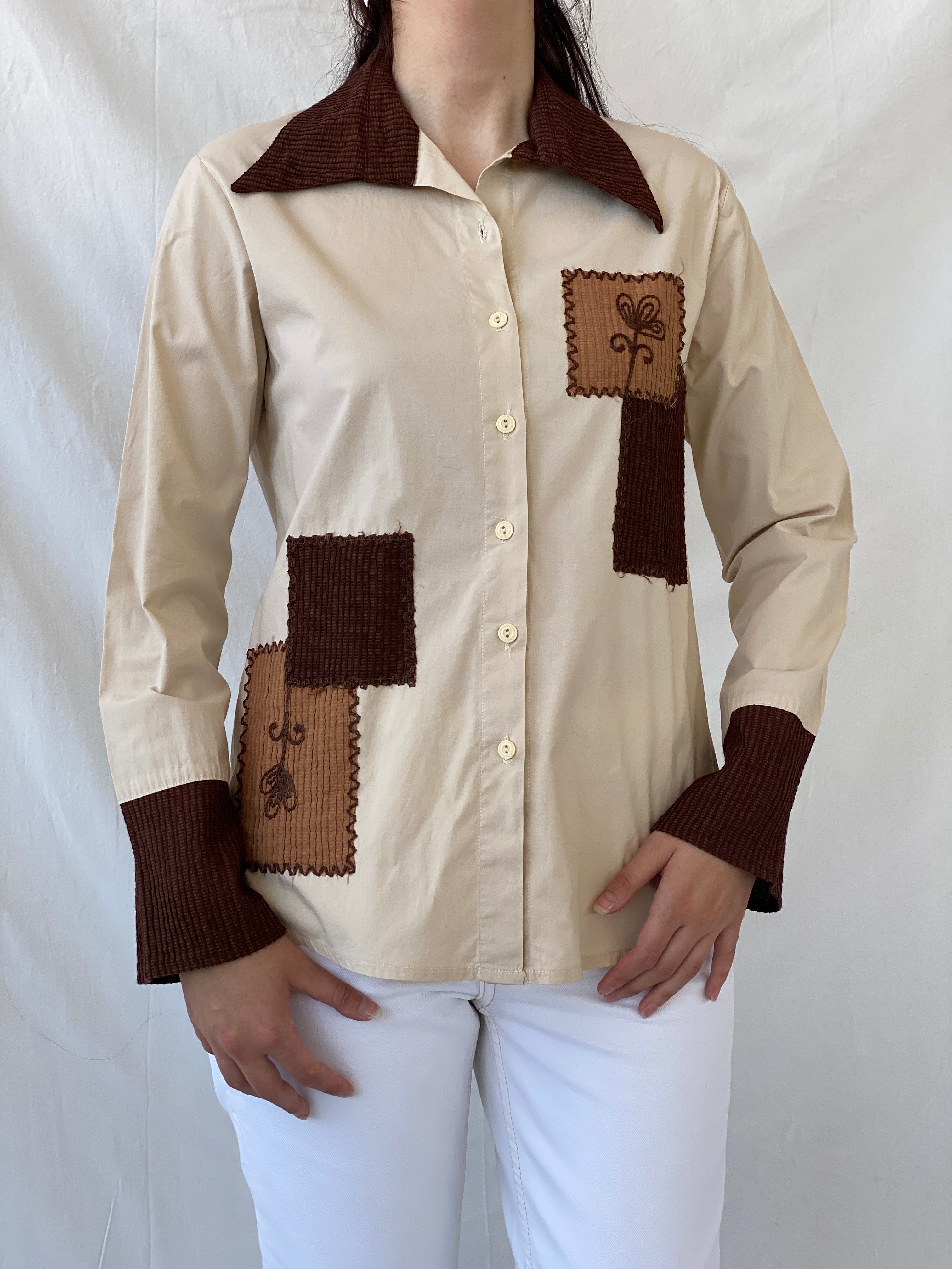 Vintage Y2K Sem Beige Patchwork Full Sleeve Button Up Shirt - L