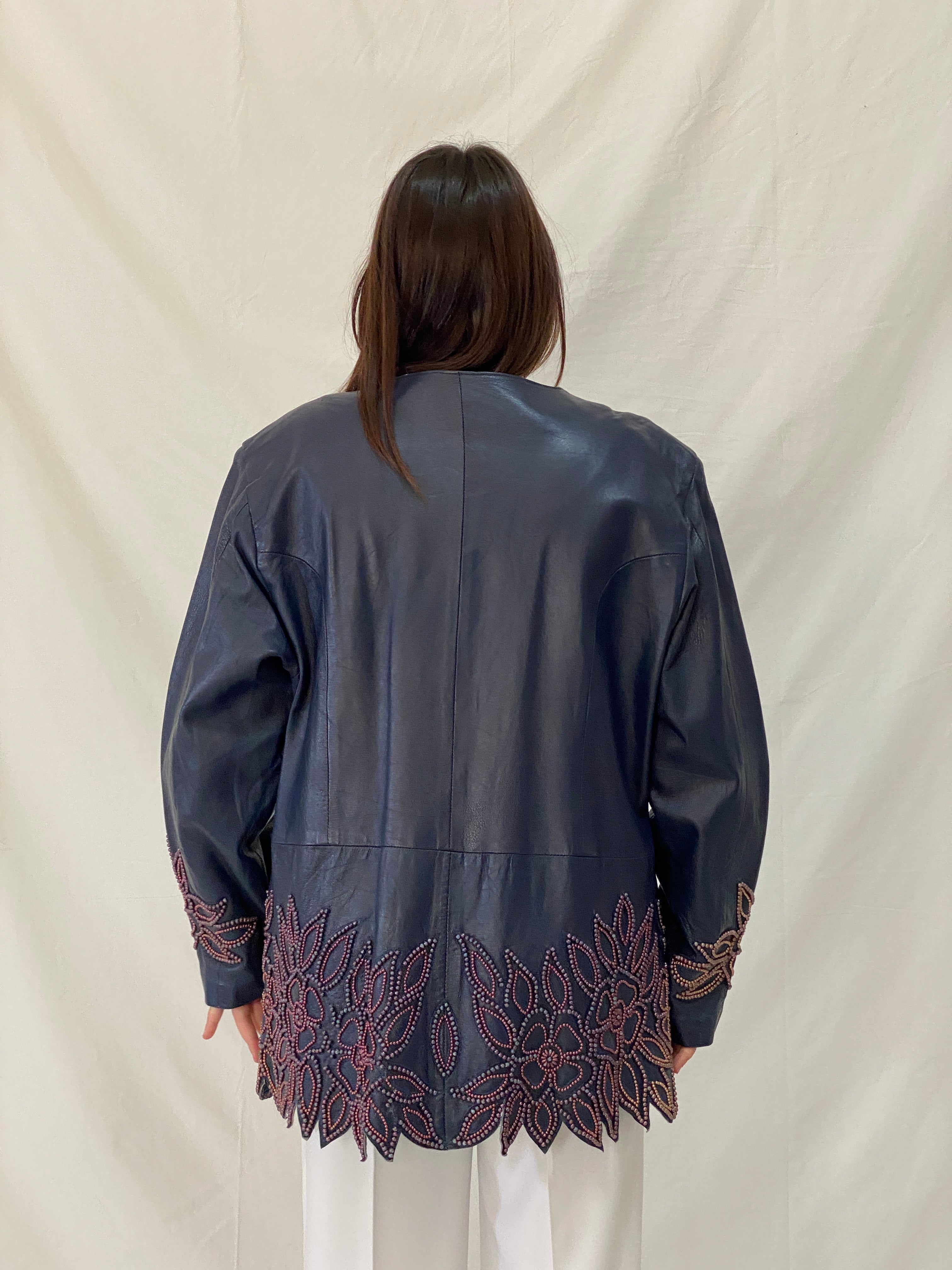 Vintage KOSHAR Genuine Leather Duster Coat Navy Beaded Cut-Out Floral Jacket - XL