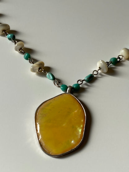 Vintage Yellow Stone Pendant Turquoise Beaded Chain Necklace Boho 90s Artisan Style Jewelry