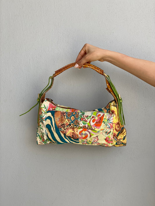 Statement Y2K Just Cavalli Graphic Print Canvas & Leather Shoulder Bag