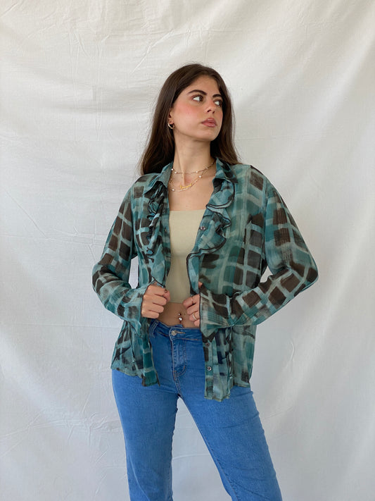 00s Bonita Abstract Blue Ruffled Hem Long Sleeve Shirt - M