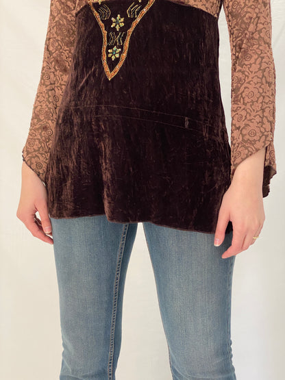Vintage Y2K Xcepsion Brown Velvet Lace Boho Top with Bell Sleeves - M