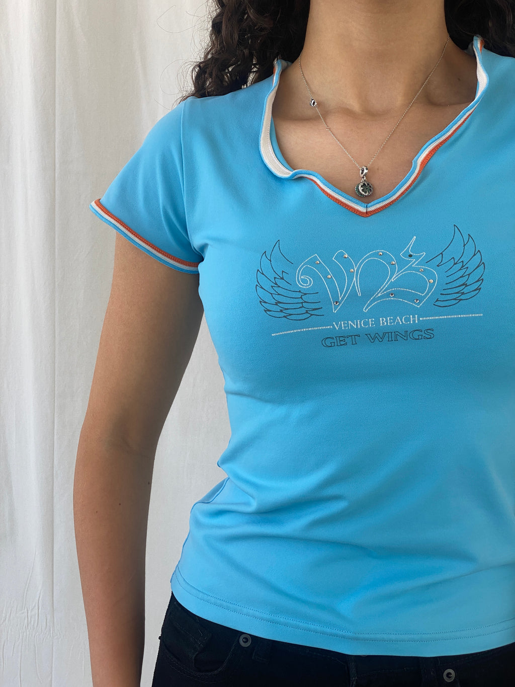 Y2K Venice Beach Activewear Blue Short Sleeve Women’s Top - M
