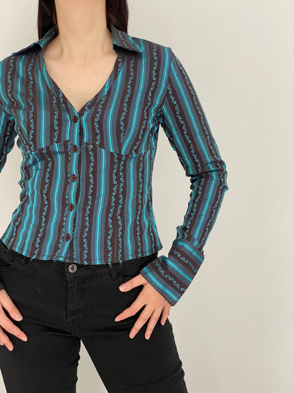 Vintage Y2K Style Turquoise & Brown Striped Fitted Button-Up Shirt - M