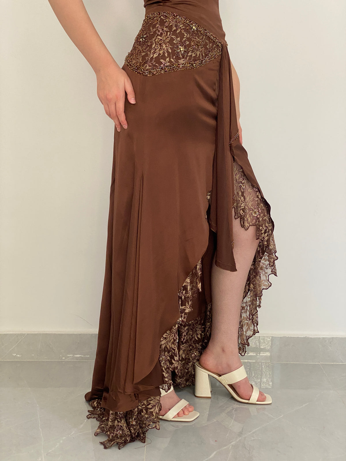 Vintage Party Time Brown Beaded Lace Strapless Formal Gown – M