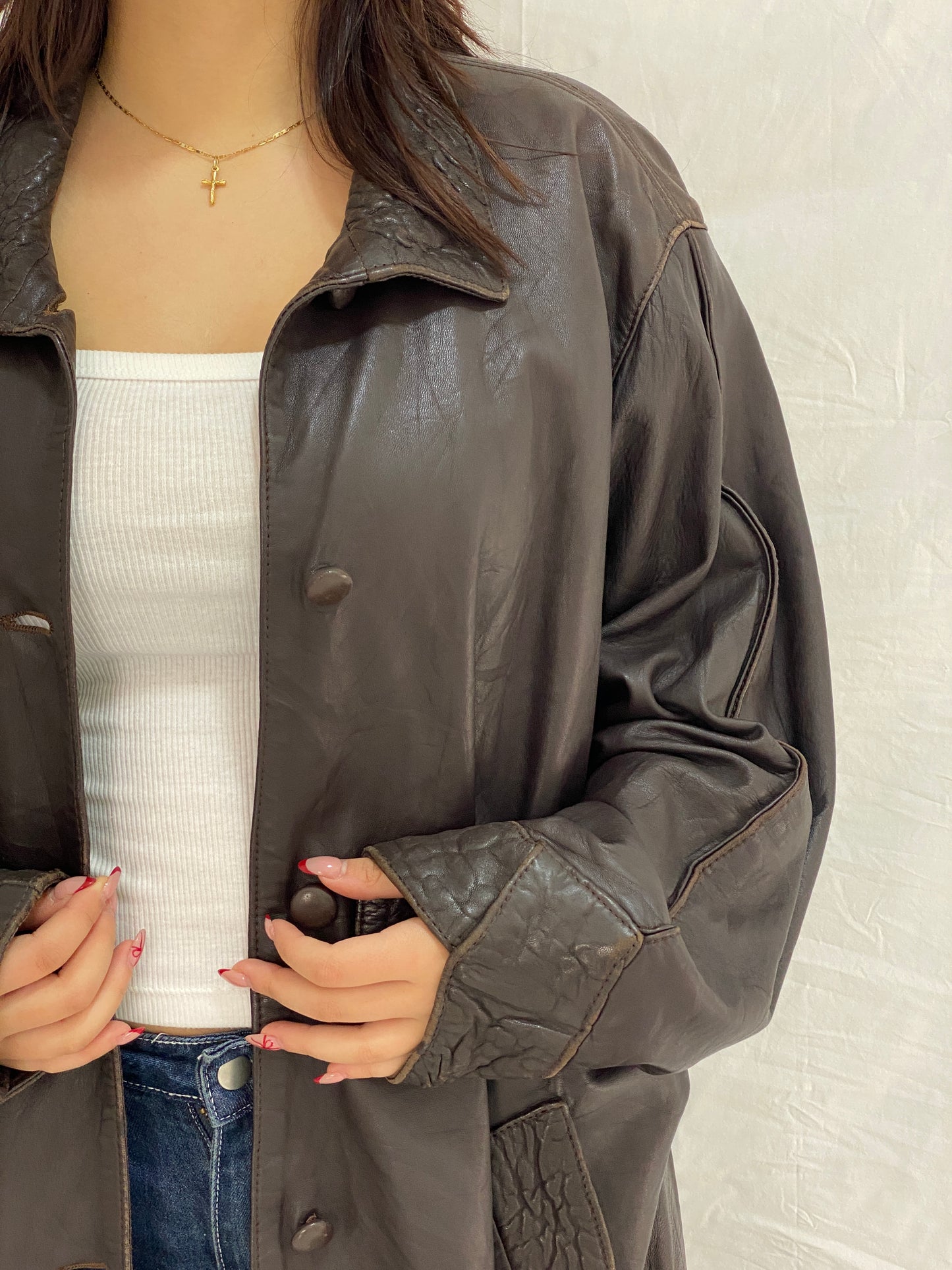 Vintage Brown Leather Coated Oversized Jacket with Textured Collar & Cuff Details - L