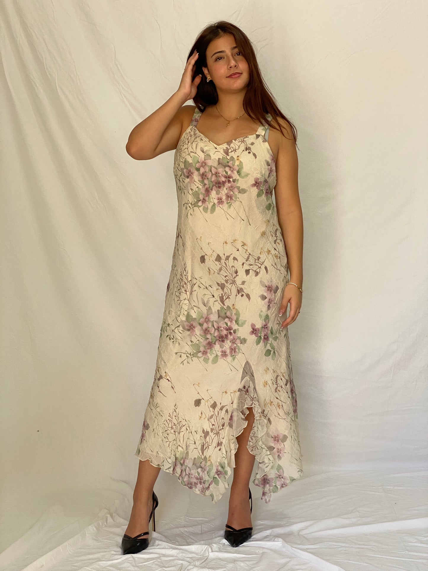 Vintage R&M Richards Ivory Floral Chiffon Handkerchief Hem Maxi Dress – L