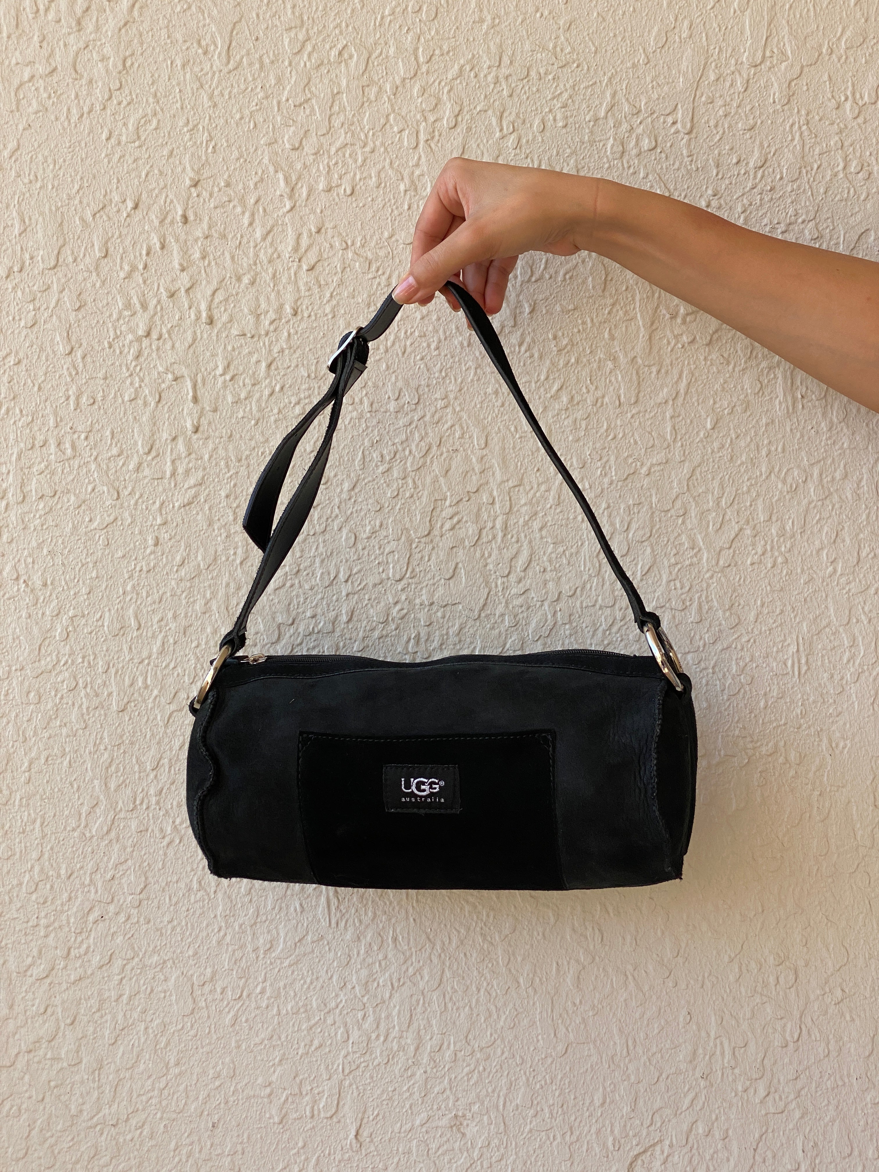 UGG Australia Black Suede Barrel Shoulder Bag Shearling Fur Lined Purse