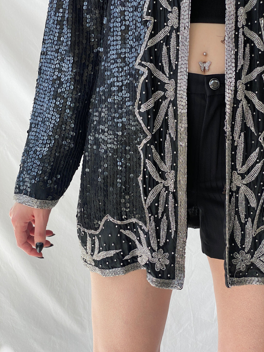 Vintage 80s Midnight Run Black Silver Sequin Beaded Silk Blazer Sparkle Party Jacket - XL