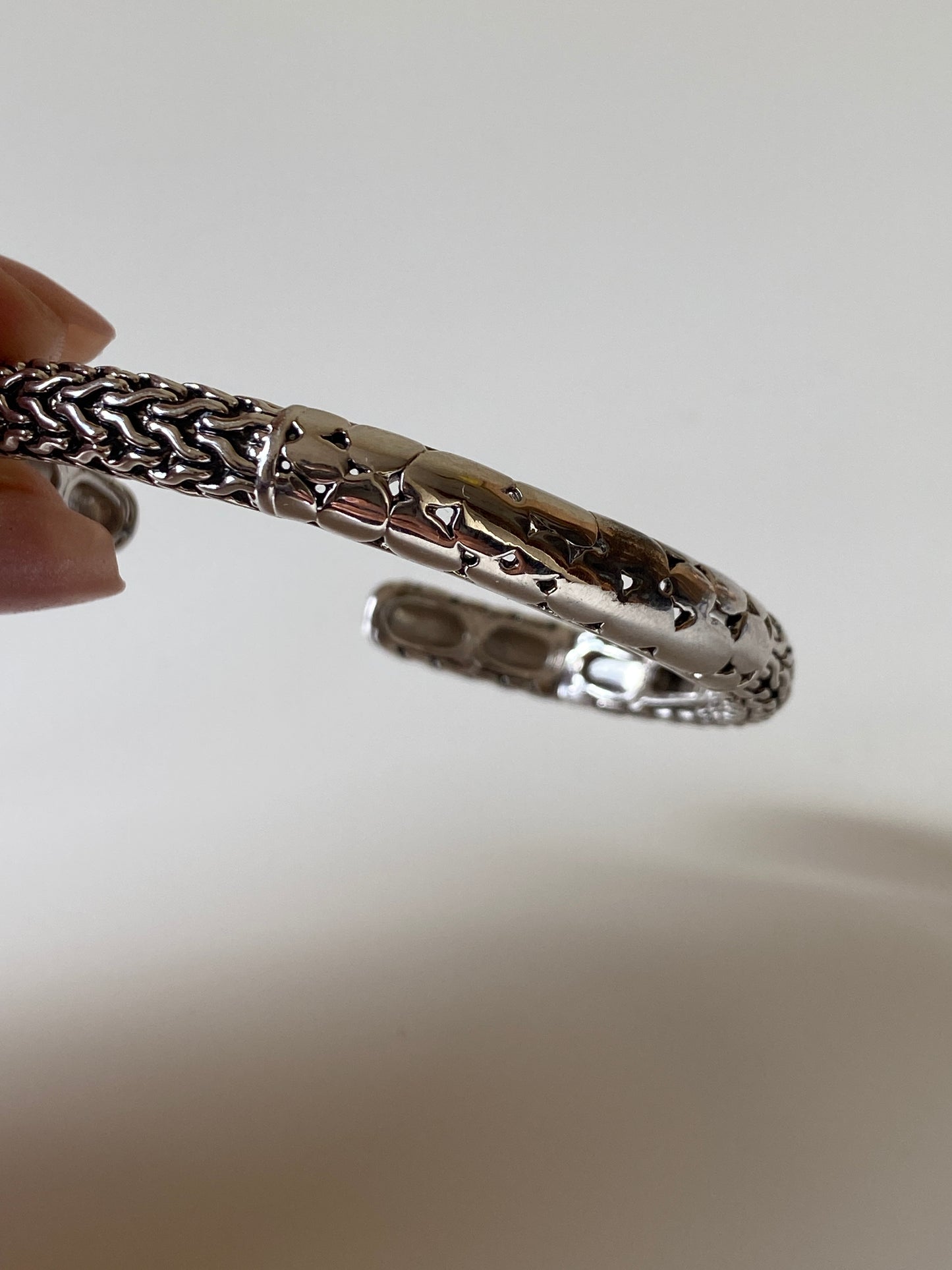 Silver-Tone Woven Chain Link Open Cuff Bracelet Textured Statement Bangle