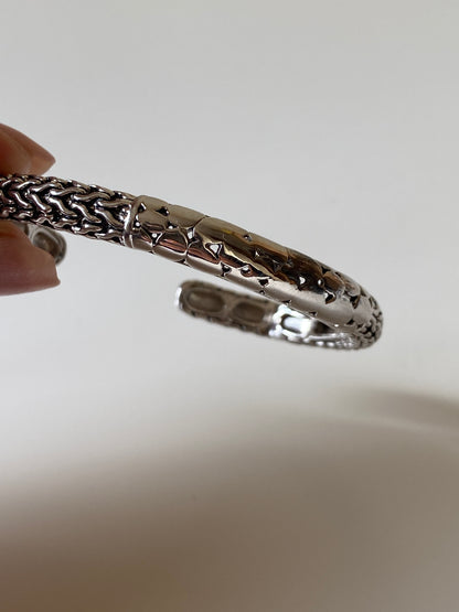 Silver-Tone Woven Chain Link Open Cuff Bracelet Textured Statement Bangle