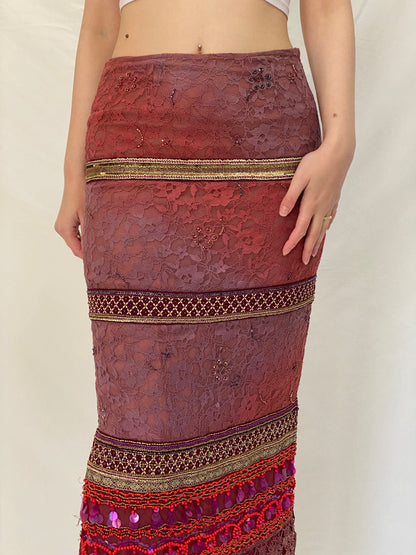 BRITISHINDIA Limited Edition Embellished Lace Maxi Skirt with Beaded Panels & Side Slit -S