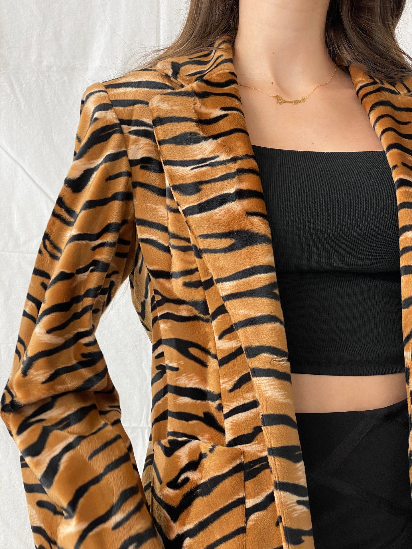 Vintage 90s Dana Mode Tiger Print Faux Fur Black and Tan Blazer - L