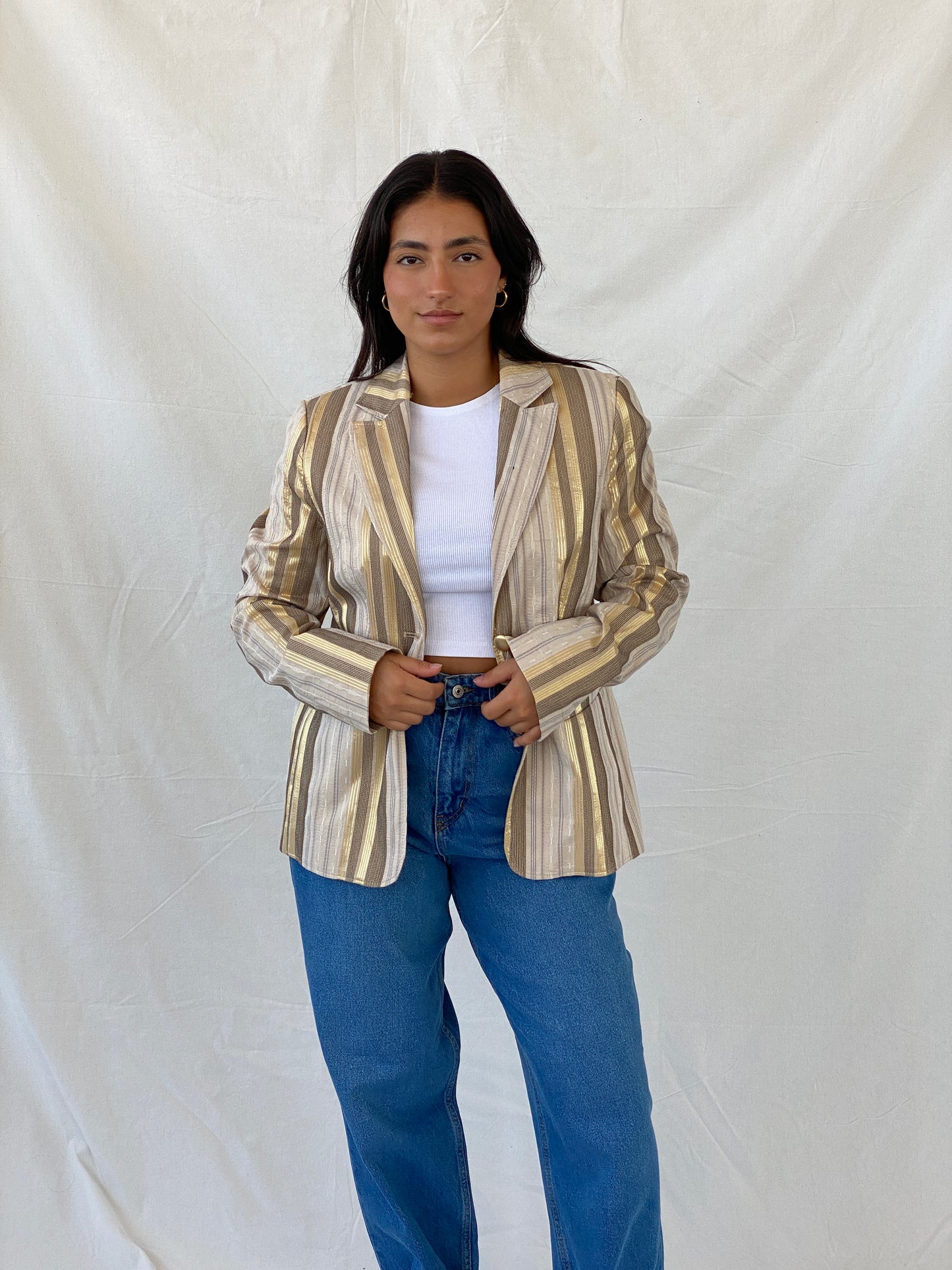 Vintage No 1 Mode Express Striped Beige and Gold Blazer - L