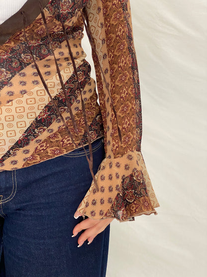 Y2K Vero Moda Brown Paisley Bell Sleeve Tie-Front Deep V-Neck Top - S