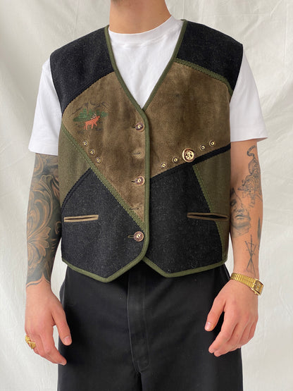 Vintage 90s Salzburger Loden Look Wool Blend Black With Embroidery Vest - XL