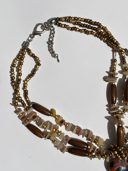 Vintage Boho Wood Shell Faux Tortoiseshell Pendant Necklace