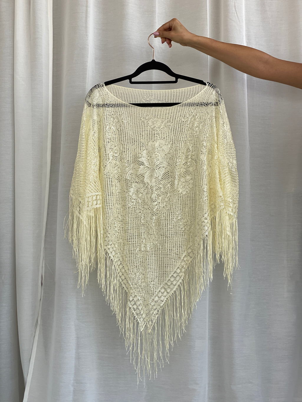 Cream Crochet Fringe Shawl – Boho Poncho Style Open Knit Wrap