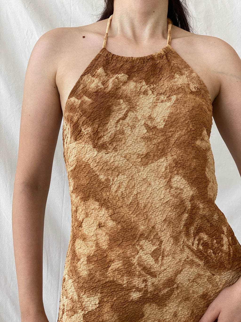 Vintage NICONETTI by Nina’s Fashion Brown Tie-dye Mini Textured Halter Dress - M