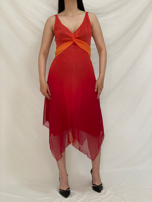 Vintage 90s BAY Red Orange Ombre Chiffon Midi Wedding Guest Dress – M