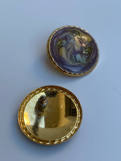 Vintage Abstract Marbled Enamel Gold Stud Lavender Swirl Earrings