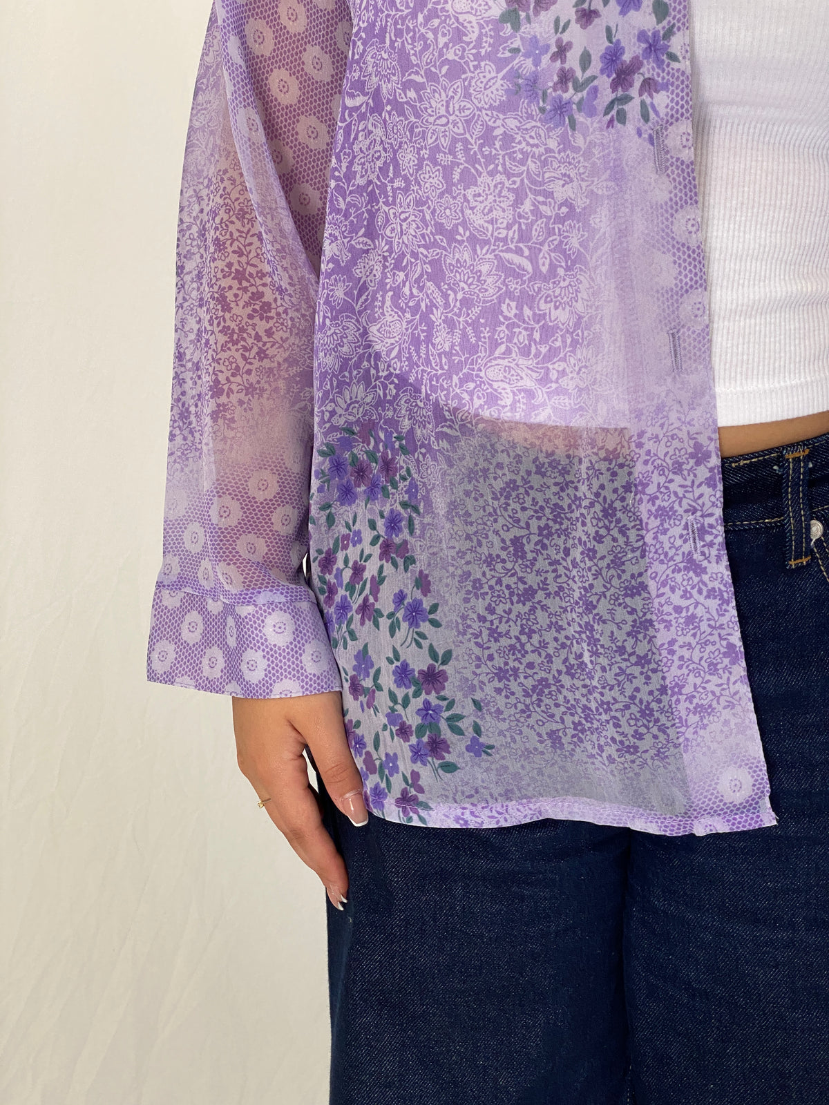 Vintage 90s Lighthouse Point Purple Sheer Floral Button-Up Blouse - L Vintage 90s Lighthouse Point Purple Sheer Floral Button-Up Blouse - L