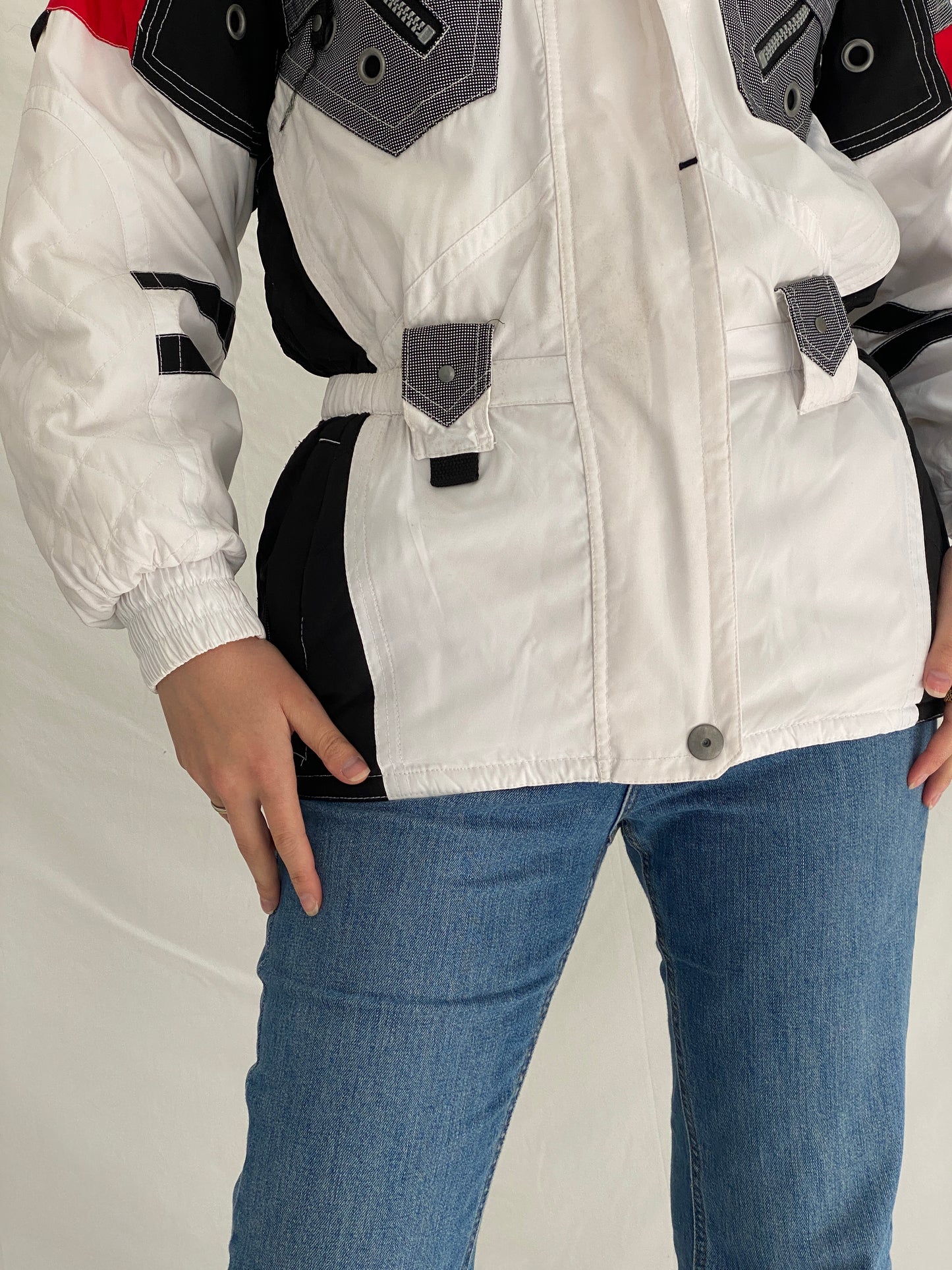 Vintage 90s Rodeo Colorblock Ski Jacket Retro White Black Red Windbreaker - S
