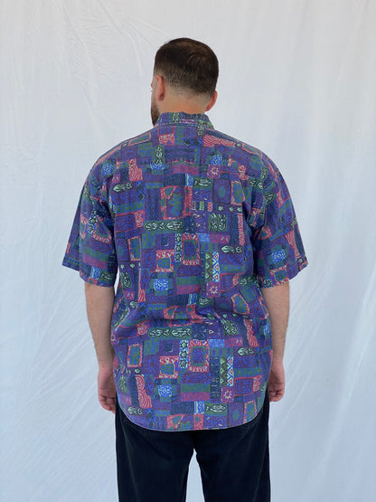 Vintage American Blue Printed Purple Short-Sleeve Cotton Shirt - L