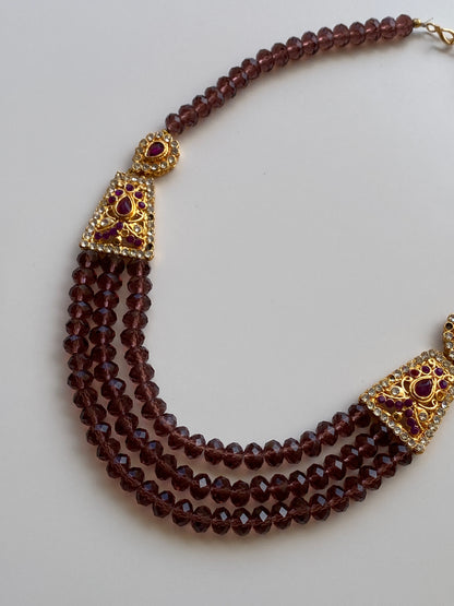 Vintage Jewellery Set Triple Strand Amethyst Crystal Bead Necklace with Rhinestone Gold Earrings