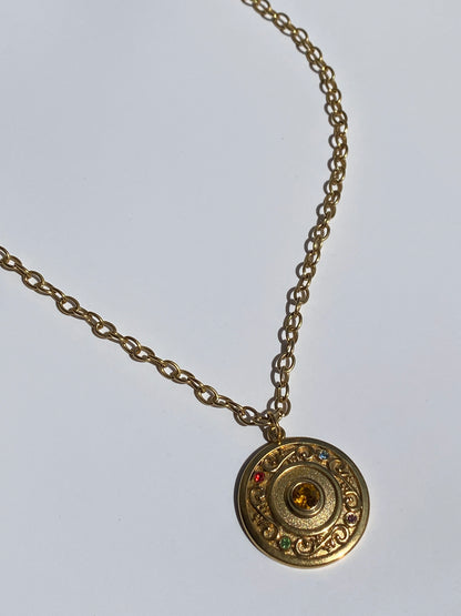 Vintage Gold Tone Rhinestone Medallion Pendant Necklace
