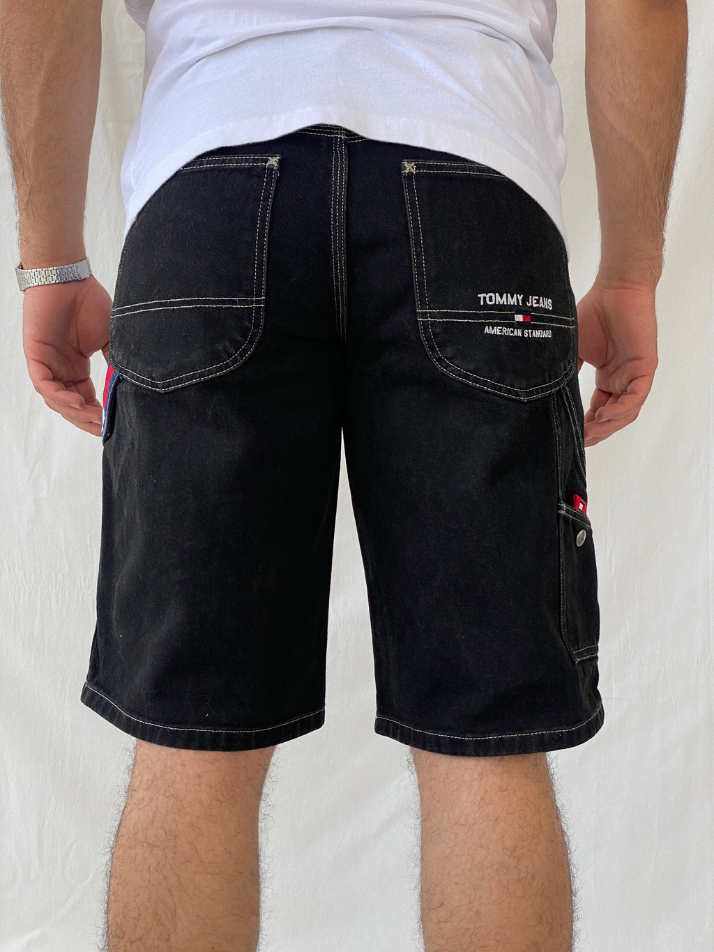 Vintage Y2K Tommy Jeans Hilfiger Black Carpenter Denim Shorts 2003 Baggy Hip Hop Jorts