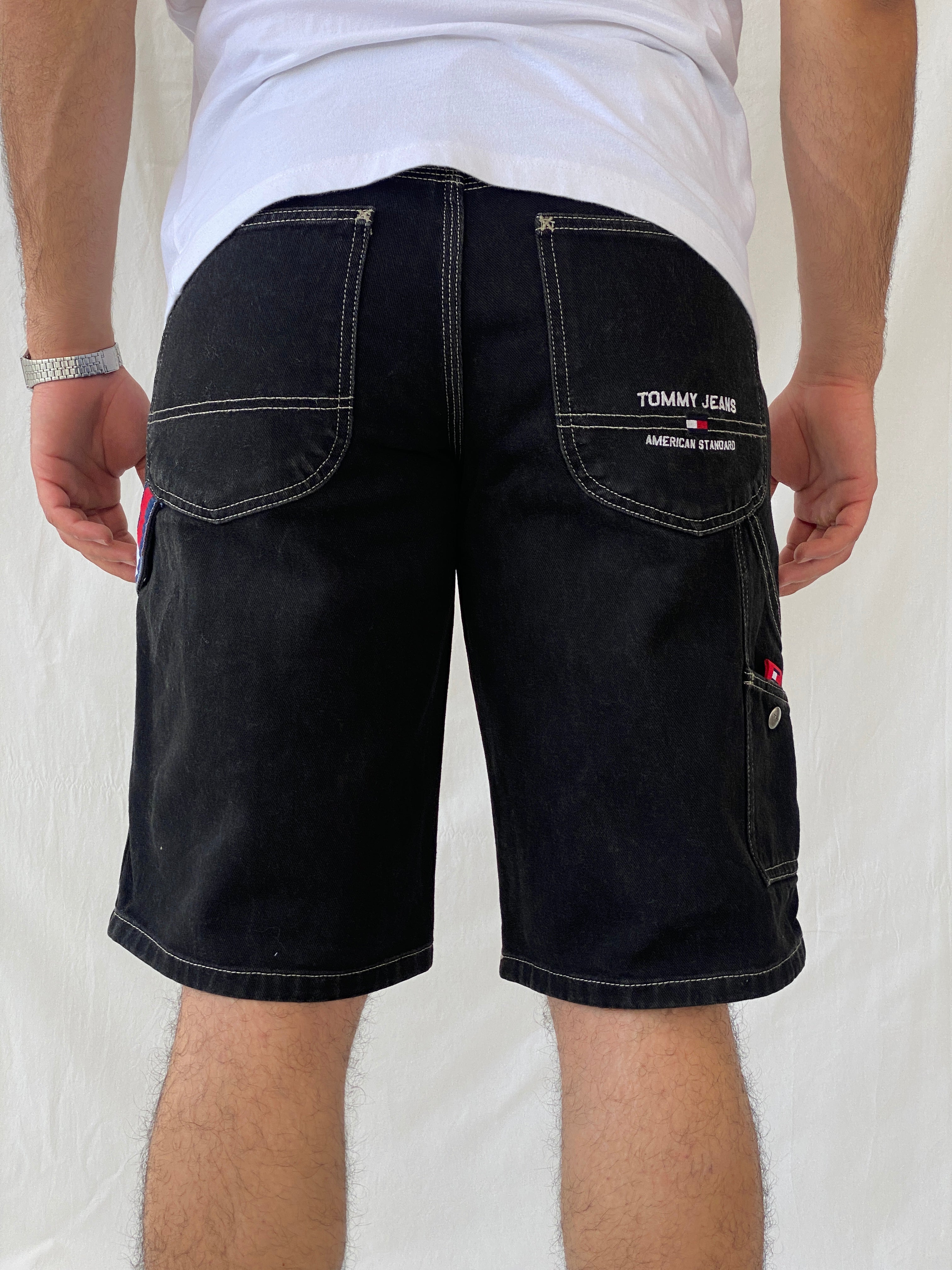 Vintage Y2K Tommy Jeans Hilfiger Black Carpenter Denim Shorts 2003 Baggy Hip Hop Jorts