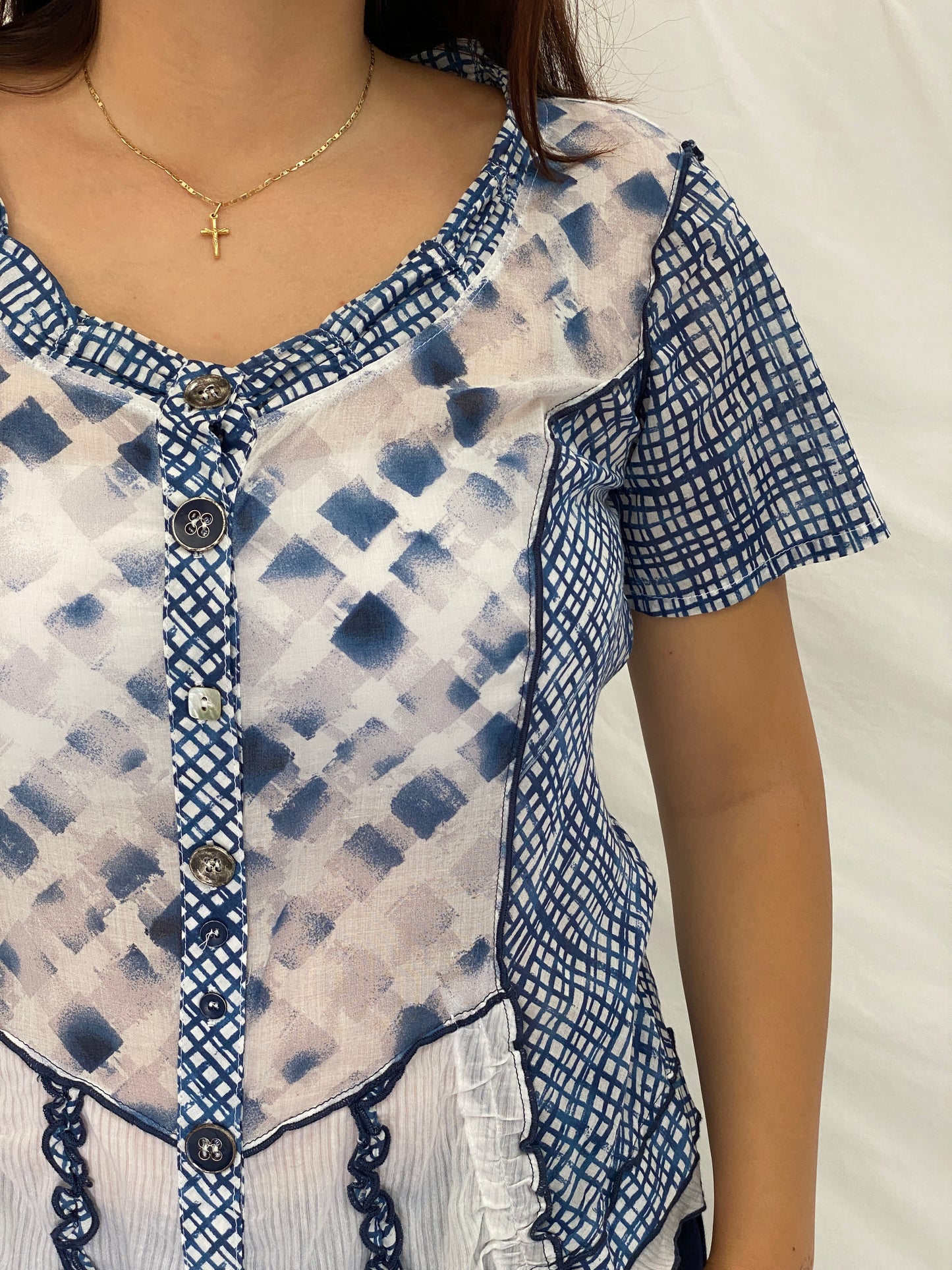 Vintage Y2K BiBA Blue Patchwork Mesh Button-Up Blouse - M