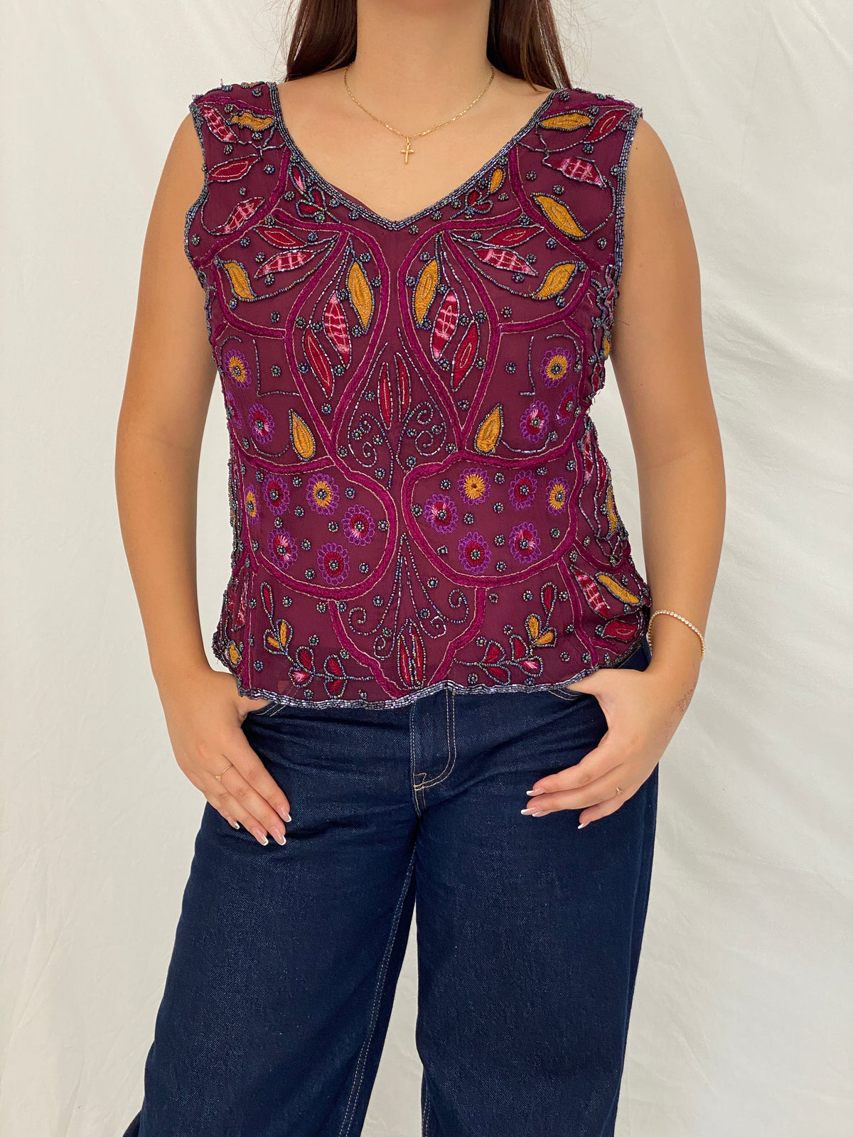 Vintage Beaded Embroidered Burgundy Handmade Evening Top - L Vintage Beaded Embroidered Burgundy Handmade Evening Top - L